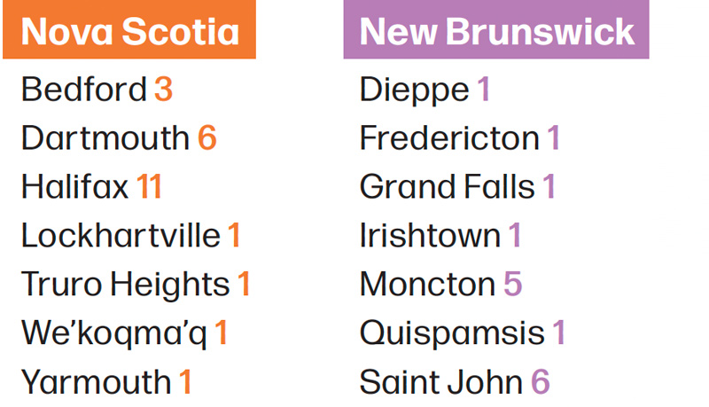 Nova Scotia: Bedford - 3, Dartmouth - 6, Haiifax - 11, Lockhartville - 1, Truro Heights - 1, We'koqma'q - 1, Yarmouth - 1. New Brunswick: Dieppe - 1, Fredericton - 1, Grand Falls - 1, Irishtown - 1, Moncton - 5, Quispamsis - 1, Saint John - 6