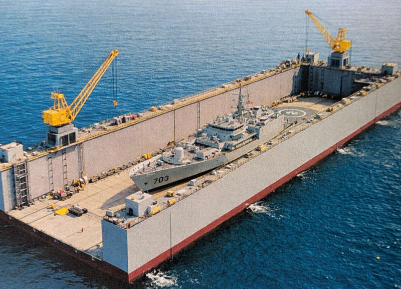 A floating drydock on the water with a ship in the centre for work to be done on it