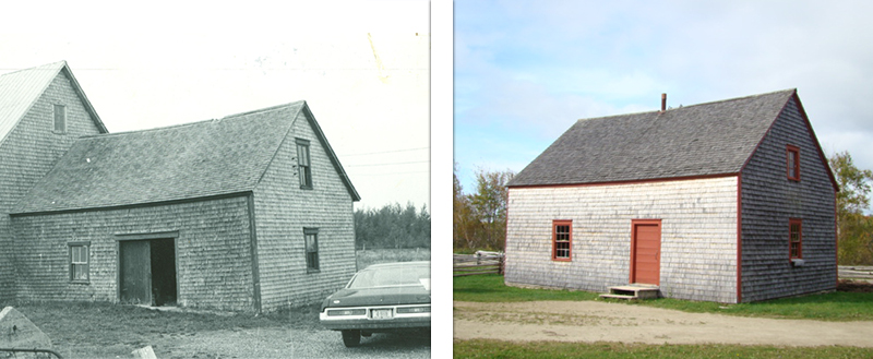 2 photos of the same building. One is a very early photo and the other is modern. The building is a simple shaped, 2 story with cedar shakes, and the modern photo is set against green grass and blue skies