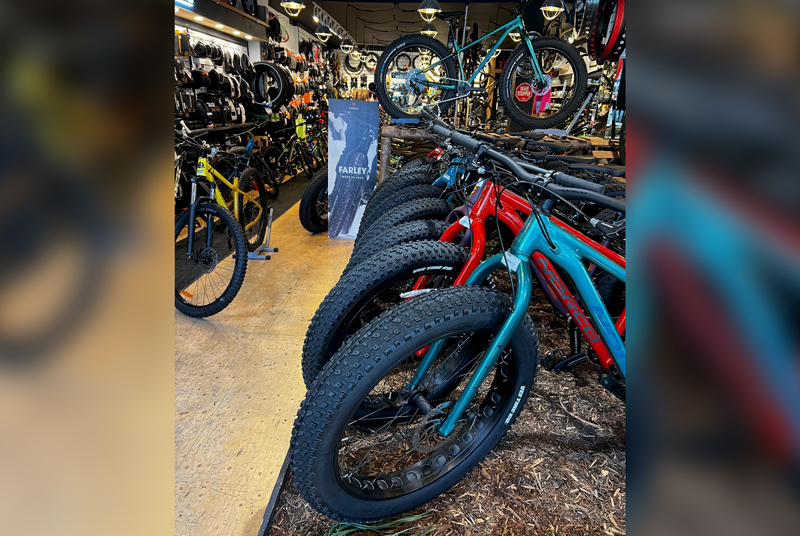 the interior of a bicycle shop with 'fat bikes' up close and rows of bicycles receding to the back of the shop