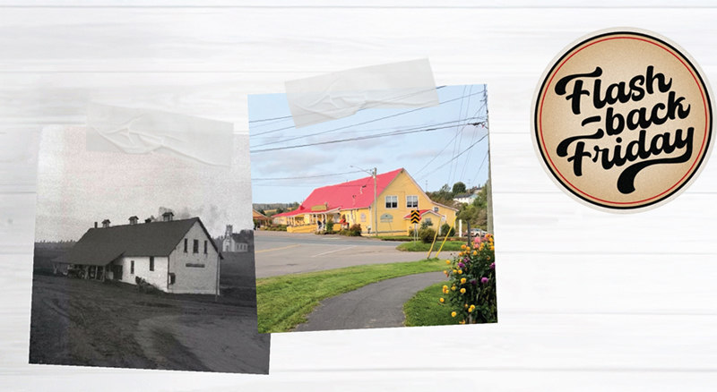 2 side by side photos, taped to a white wood panel surface. the images are of the same building with one old and one current. The building is a 2 story wood structure, and today's photo shows a pale yellow building with red roof, all set against a pathway amongst green grass and flowers, leading towards the building.