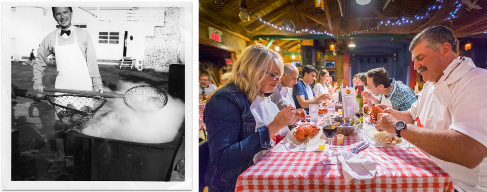 2 photos: Left - an old photo of a man wearing a button down shirt with apron, and a bowtie, stirring a big pot making a lobster dinner; and Right - a group of people wearing bibs and eating lobster dinners in a casual restaurant with red and white checked tablecloth.