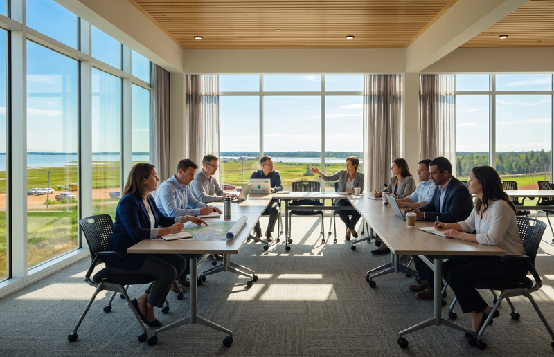 a group of young to middle age adults are seated at long tables formed in the shape of the letter U, facing each other, in a business setting. The room has floor to ceiling windows, with a view of green fields leading to a body of water in the near-distance, on a beautiful sunny day