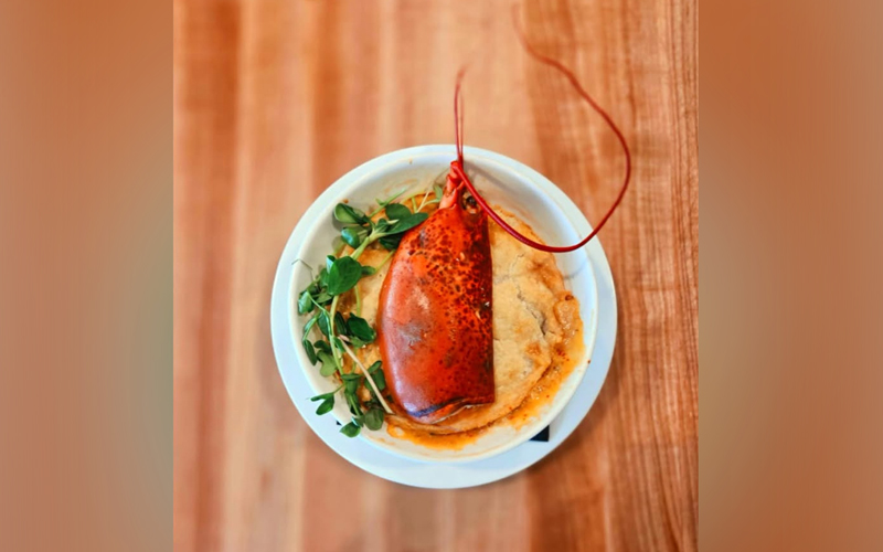 a plate on a wooden table top from above, with a large lobster claw on top of a pot pie, with greens on the side