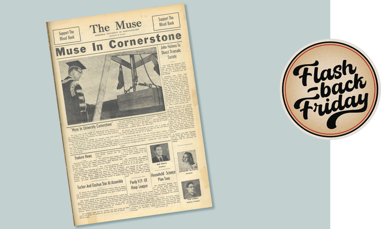 a front page of an old (1952) newspaper, yellowed with age, with the headline 'Muse in Cornerstone', image tilted at an angle, with a drop shadow and against a background of light grey-green.