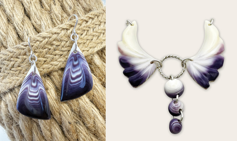 at left, a pair of carved shell drop earrings, shaped like slightly curved triangles, with the purple and ivory coloured strips of a shell; and at right, a necklace featuring 2 wing shaped carvings centered by a silver ring from which hang 3 small carved shell beads.