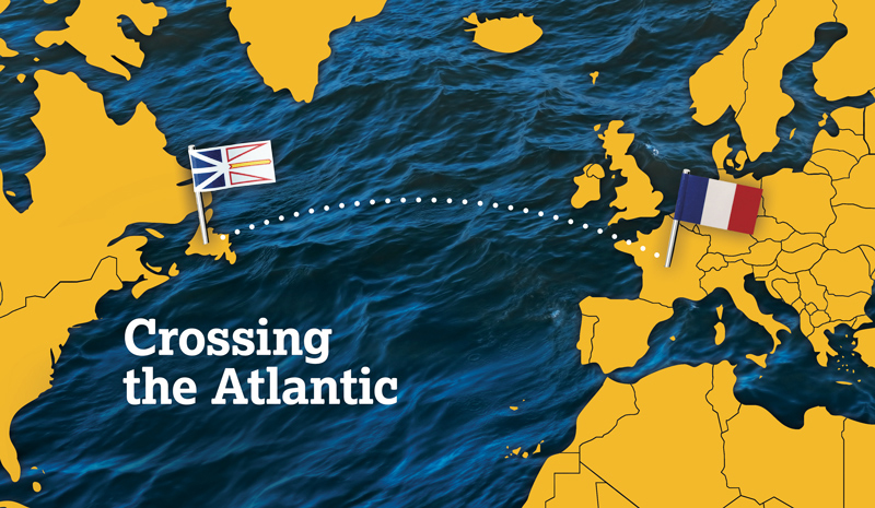 A map of the north Atlantic, cropped in to show the eastern most part of Canada, and Europe . There is a Newfoundland Flag 'planted' on the island of Newfoundland, and a French flag planted on France, with a curved dotted line connecting the two. The words "Crossing the Atlantic" appear on the ocean section.