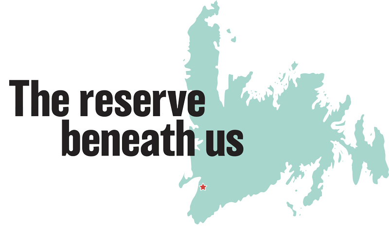 The words "The reserve beneath us" are in bold black lettering, and are overlaid on an outline map of the island of Newfoundland. There is a red star on the map, indicating the location of the town of Stephenville.